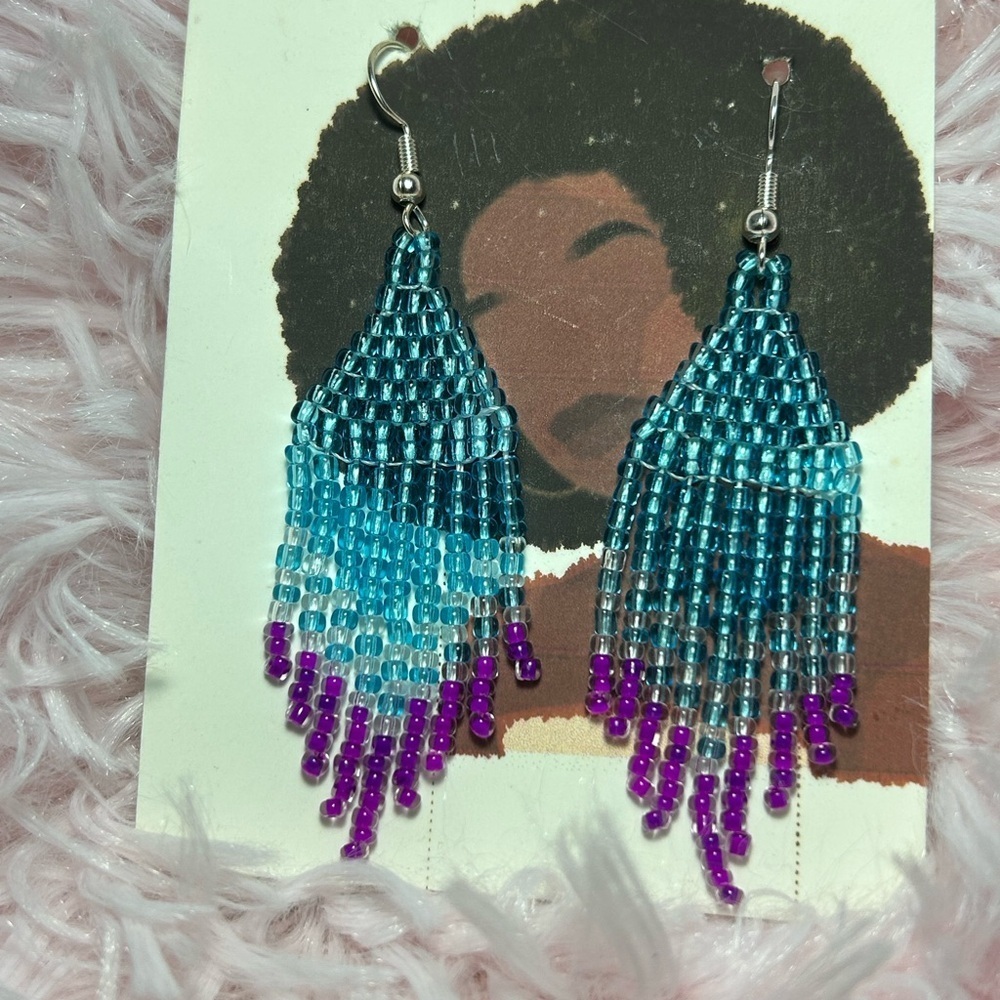 Blue Ombre Beaded Fringe Earrings with Purple Accents